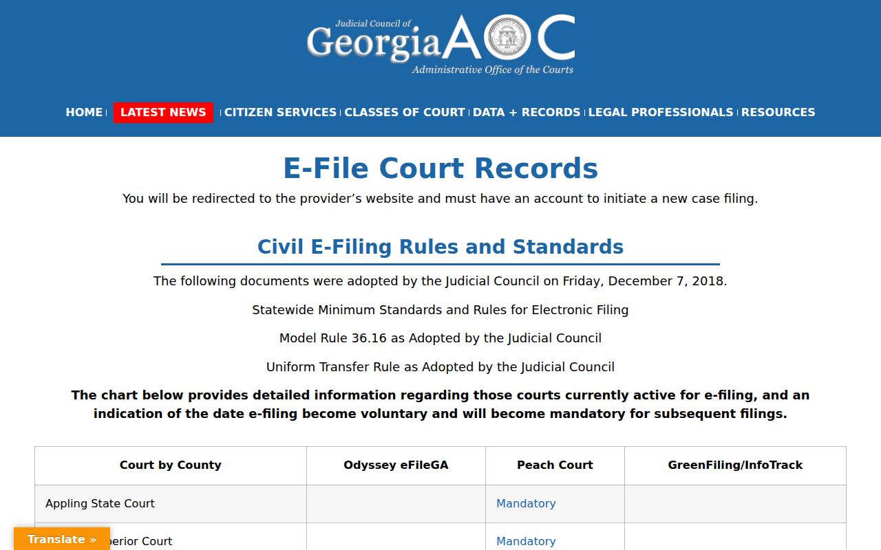 Ben Hill County civil docket PeachCourt e-filing chart