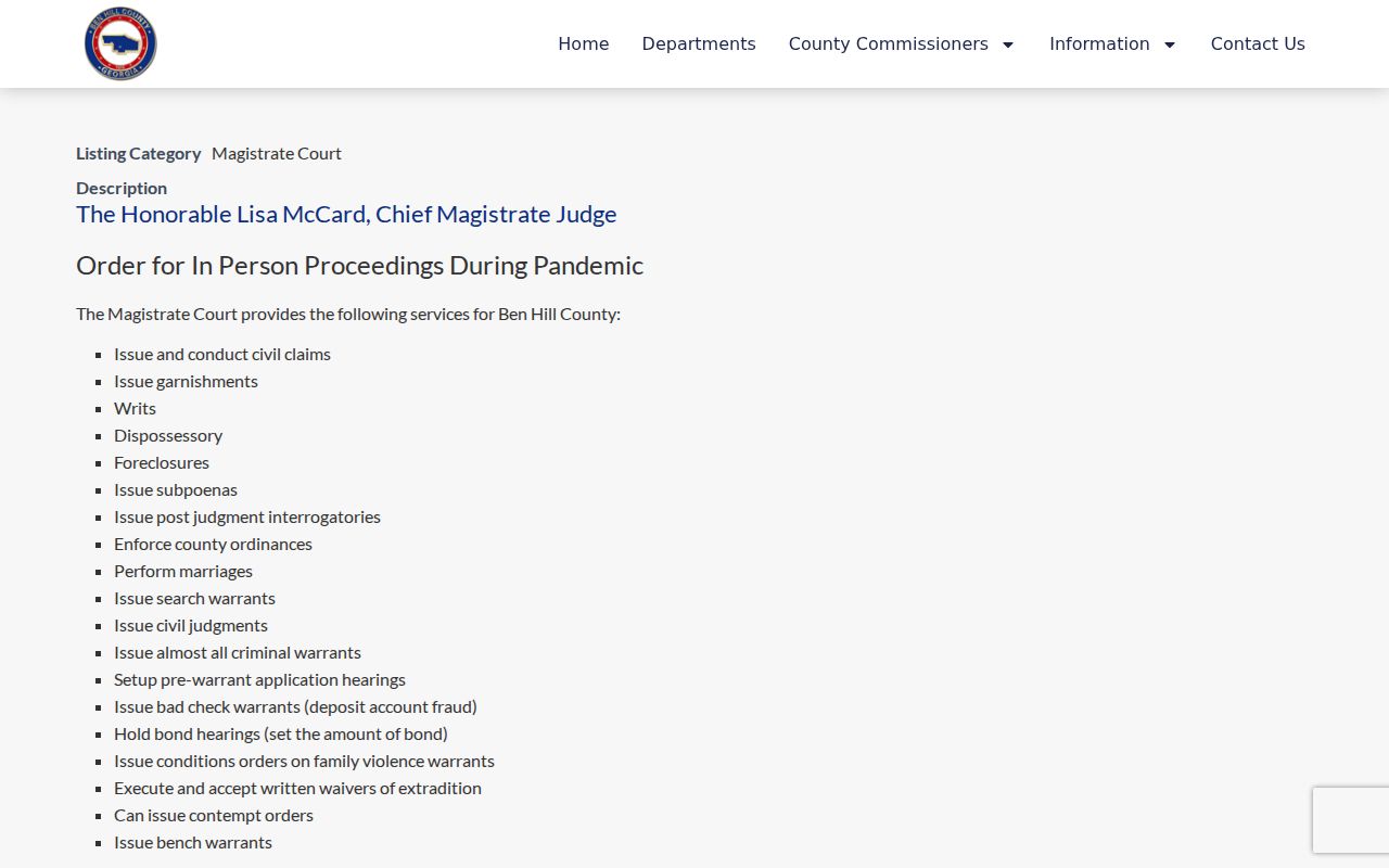 Ben Hill County civil docket Magistrate Court information