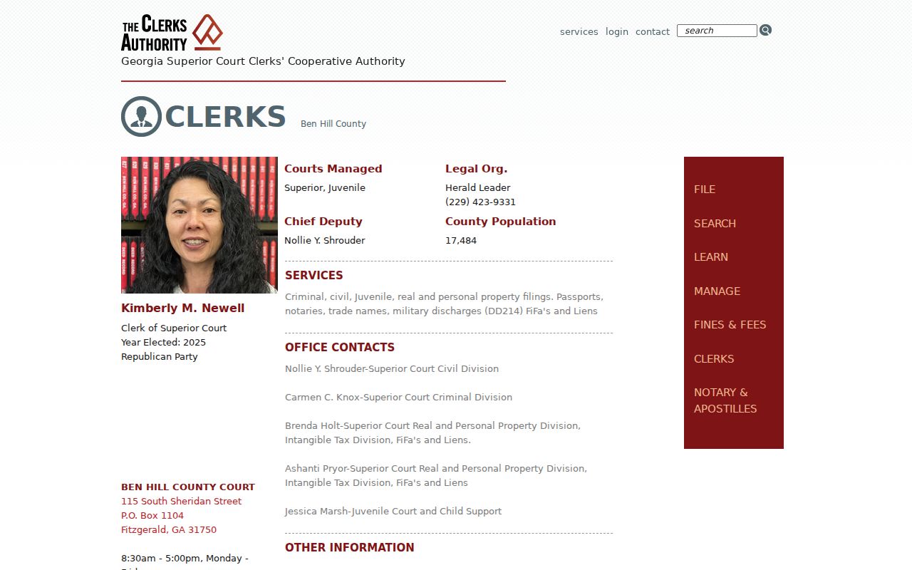 Ben Hill County court record clerk authority profile