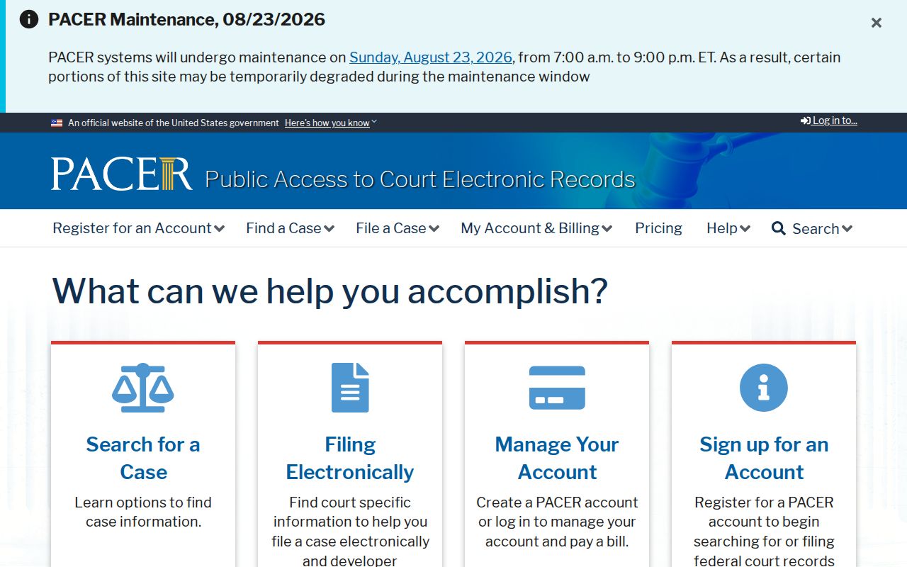 PACER federal court docket search and registration page
