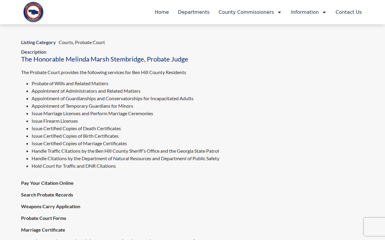 Ben Hill County Probate Court official office page